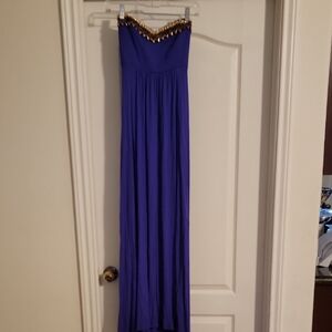 bebe Strapless Royal Blue Maxi Dress with Gold Accent